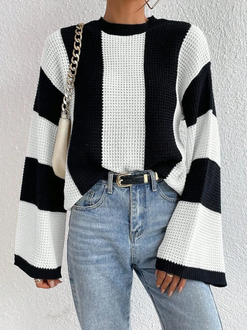 Black And White Casual Women's Color Block Striped Batwing Sleeve Loose Sweater